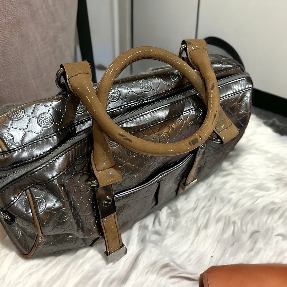 Dana Buchman gray silver satchel bag w/tan patent leather trim & handles
